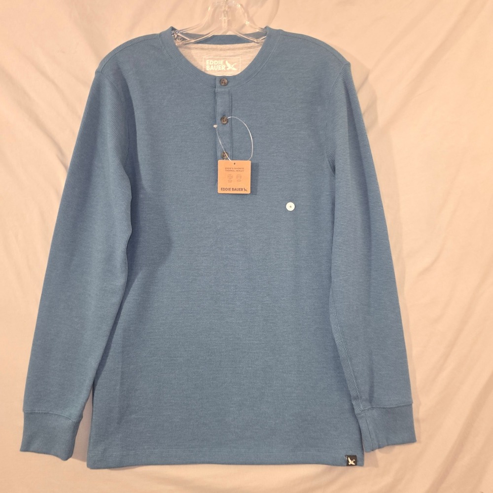 Eddie Bauer Thermal Henley Small Mens SeaBlue Long Sleeve Waffle Knit Shirt NWT